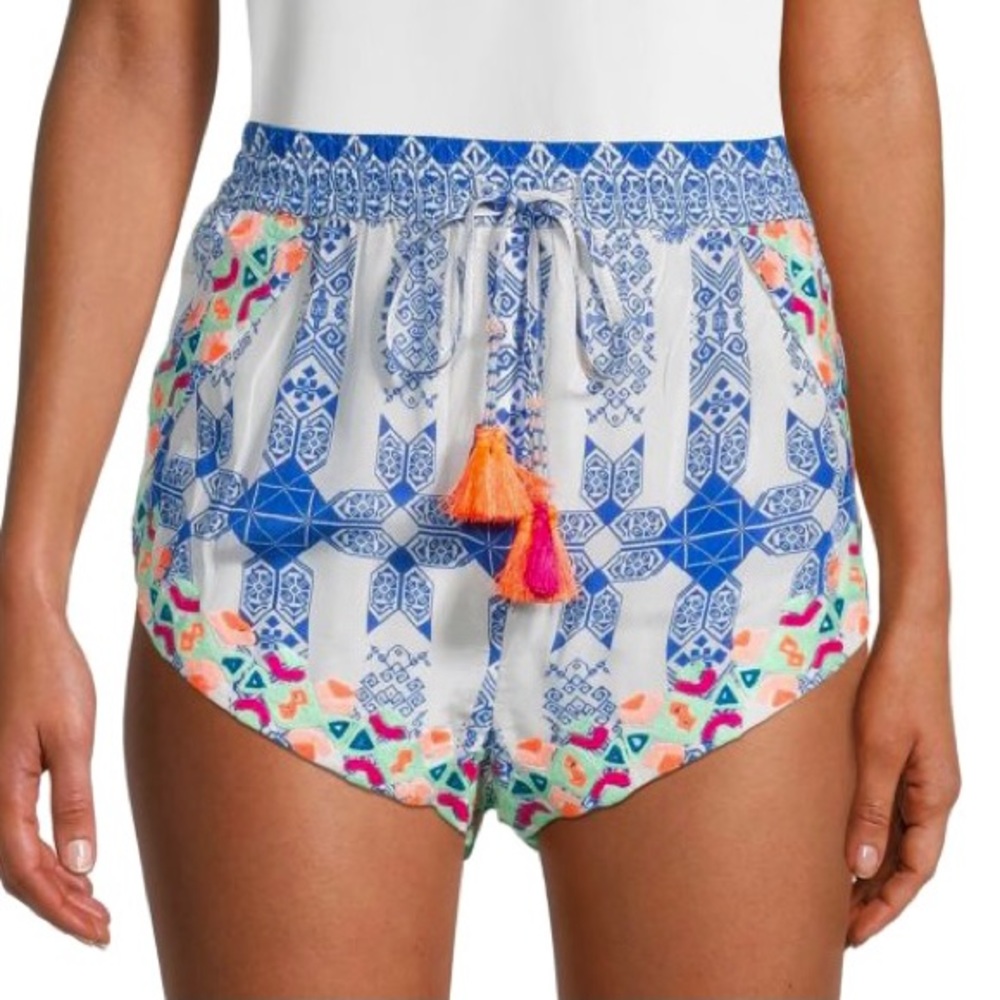 NEW ROCOCO SAND EMBROIDERED DRAWSTRING MINI SHORTS